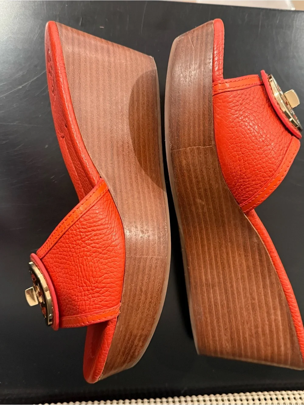 Tory Burch Red Leather Logo Slide Mules